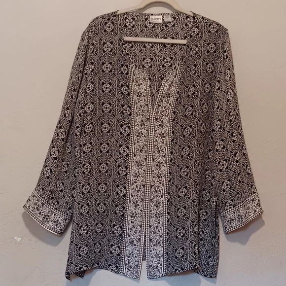 Chico's Tops - CHICOS 100%‎ Silk Tunic Black White Sz3 Long Sleeve Vneck Blouse Y2K